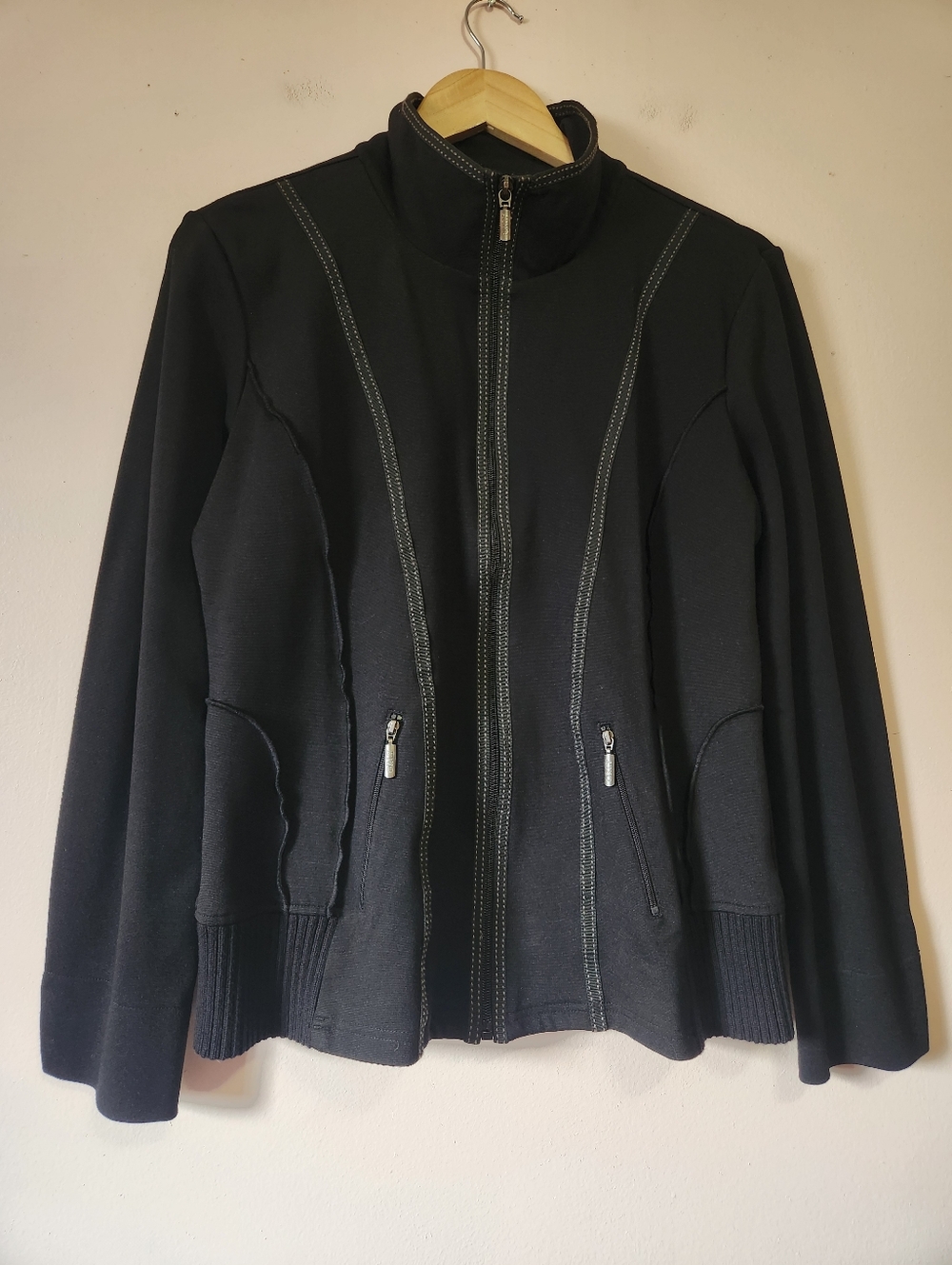 ORLY Black Mock Neck Full Zip Sweater Jacket Contrast Stitch Size M EUC